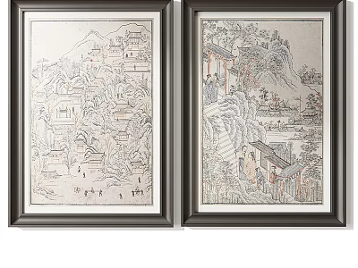 Framed Chinese Landscape Paintings With Traditional Scenes 3d model