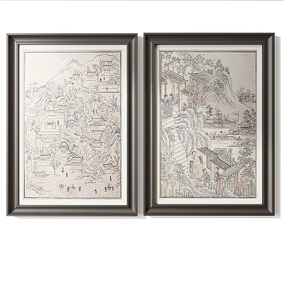 Framed Chinese Landscape Paintings With Traditional Scenes 3d model