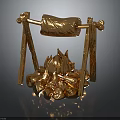 Golden Bonfire Roasting Structure With Hanging Rack Burning Flames And Logs