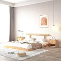 Cozy Double Bed with Wooden Headboard White Sheets Nightstand Wall Art Hanging Lamp and Curtains