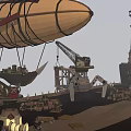 Vintage Cargo Ship with Zeppelin Lighthouse and Crane in Desert Landscape