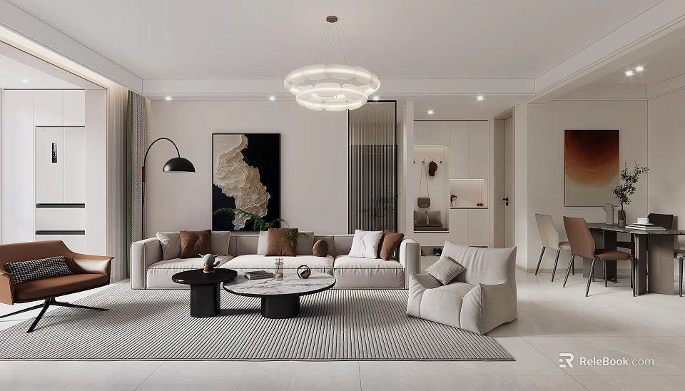 Modern Living And Dining Room Interior Design With Round Chandelier Neutral Sofa And Coffee Tables 3d model 