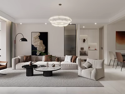 Modern Living And Dining Room Interior Design With Round Chandelier Neutral Sofa And Coffee Tables 3d model