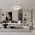 Modern Living And Dining Room Interior Design With Round Chandelier Neutral Sofa And Coffee Tables