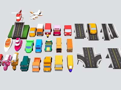 Various Types Of Colorful Toy Cars With Road Models In Play Set 3d model