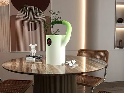 Modern Dining Area With Round Table And Unique Watering Can Decor 3d model