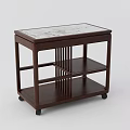 Modern Dark Wood Coffee Table With Marble Top Multiple Shelves And Wheels 3d model