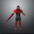 Detailed Male Warrior In Red Armor Holding Weapon Standing On Gray Background