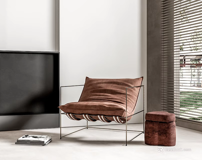 Brown Velvet Lounge Chair With Metal Frame And Matching Ottoman In Modern Interior Space 3d model 