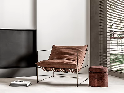 Brown Velvet Lounge Chair With Metal Frame And Matching Ottoman In Modern Interior Space 3d model