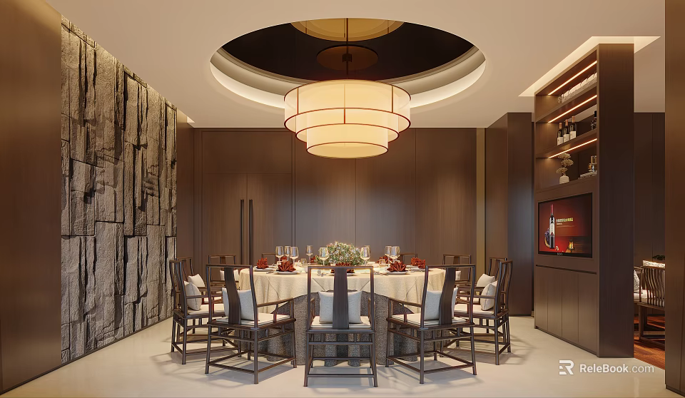 Elegant Private Dining Room Interior With Round Table Stone Wall And Chandelier 3d model