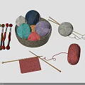 Colorful Yarn Balls In Basket With Knitting Needles And Knitted Piece