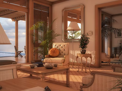 Cozy Living Room Interior Design With Sea View Wooden Shutters And Potted Plants 3d model