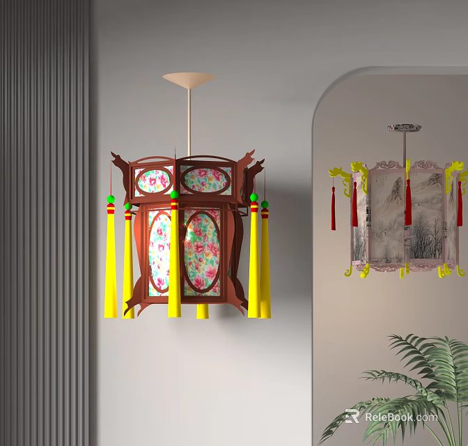 Traditional Chinese Lanterns With Wooden Frame Colorful Patterns And Hanging Tassels In Modern Interior 3d model 