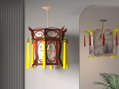 Traditional Chinese Lanterns With Wooden Frame Colorful Patterns And Hanging Tassels In Modern Interior 3d model
