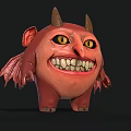Red Cartoon Monster Character With Horns Wings Big Eyes And Funny Smile