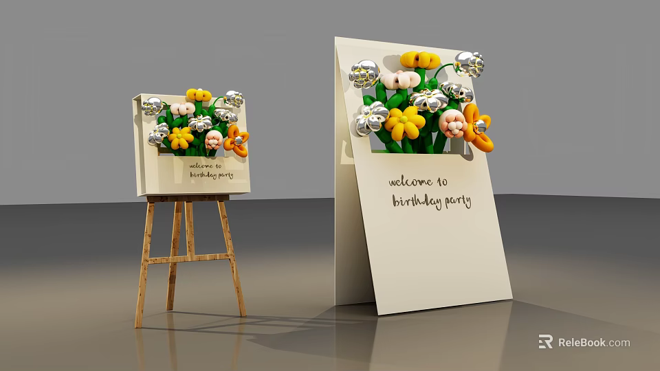 Birthday Party Welcome Decorations With Flower Adorned Drawing Board And Easel 3d model 