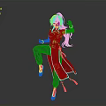 Woman With Red Hair In Red Traditional Outfit Dancing Pose Against Gray Background