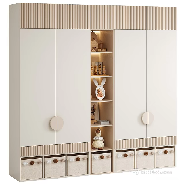 Modern Minimalist Wardrobe With Open Shelf Drawers Round Handles And Decorative Bunny Figurine 3d model 