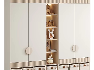 Modern Minimalist Wardrobe With Open Shelf Drawers Round Handles And Decorative Bunny Figurine 3d model