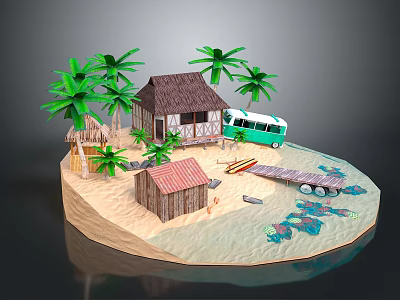 Tropical Scenic View With Sandy Beach Thatched Hut Palm Trees Green Bus And Wooden Bridge 3d model