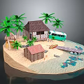 Tropical Scenic View With Sandy Beach Thatched Hut Palm Trees Green Bus And Wooden Bridge