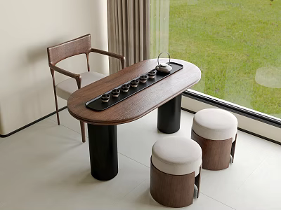 Modern Wooden Tea Table with Upholstered Stools and Chairs by Window Green Lawn View 3d model