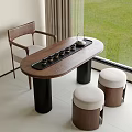 Modern Wooden Tea Table with Upholstered Stools and Chairs by Window Green Lawn View