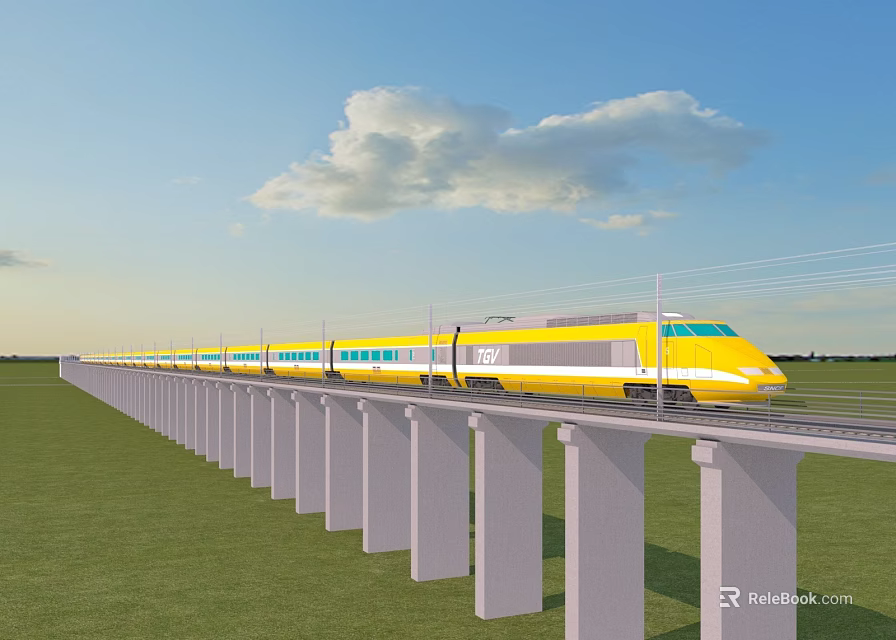 Yellow High Speed Train on Elevated Rail Track with Blue Sky Green Field Background 3d model