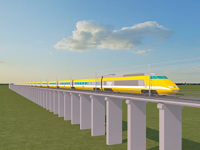 Yellow High Speed Train on Elevated Rail Track with Blue Sky Green Field Background 3d model
