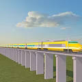 Yellow High Speed Train on Elevated Rail Track with Blue Sky Green Field Background 3d model