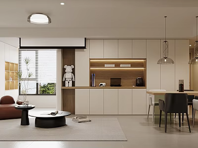 Modern Minimalist Living Dining Room Interior With Brown Sofa Dining Table And Natural Light 3d model