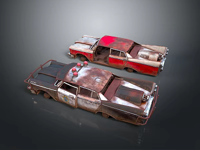 Vintage Rusty Police Cars With Old Sirens And Worn Exteriors On Gray Background 3d model