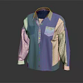 Blue And Pink Color Block Shirt With Collar Pockets And Long Sleeves