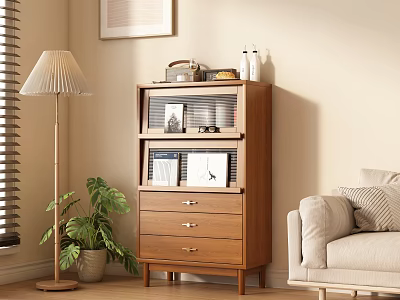 Modern Wooden Chest of Drawers with Glass Cabinet in Living Room with Sofa and Plant 3d model