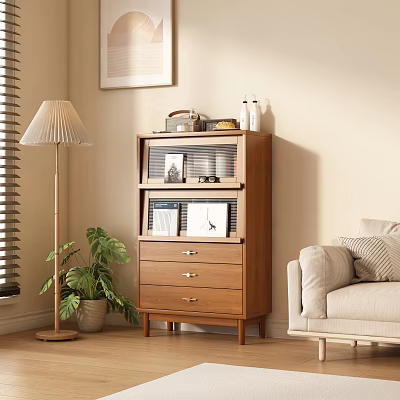 Modern Wooden Chest of Drawers with Glass Cabinet in Living Room with Sofa and Plant 3d model