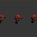 Three Red Fire Extinguishers with Yellow Nozzles on Black Reflective Surface