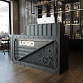 Gray Reception Desk Featuring Front LOGO Display And Gear Patterns With Background Bottle Shelves 3d model