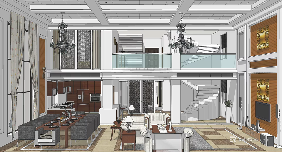 Open Plan Living And Dining Room With Sofa Dining Table Chandeliers And Staircase 3d model