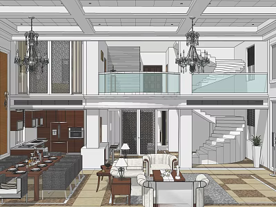 Open Plan Living And Dining Room With Sofa Dining Table Chandeliers And Staircase 3d model