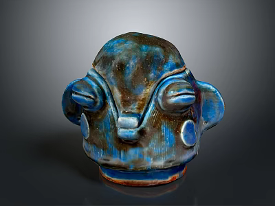 Artistic Ceramic Head Sculpture With Blue Brown Glazed Finish And Facial Features 3d model