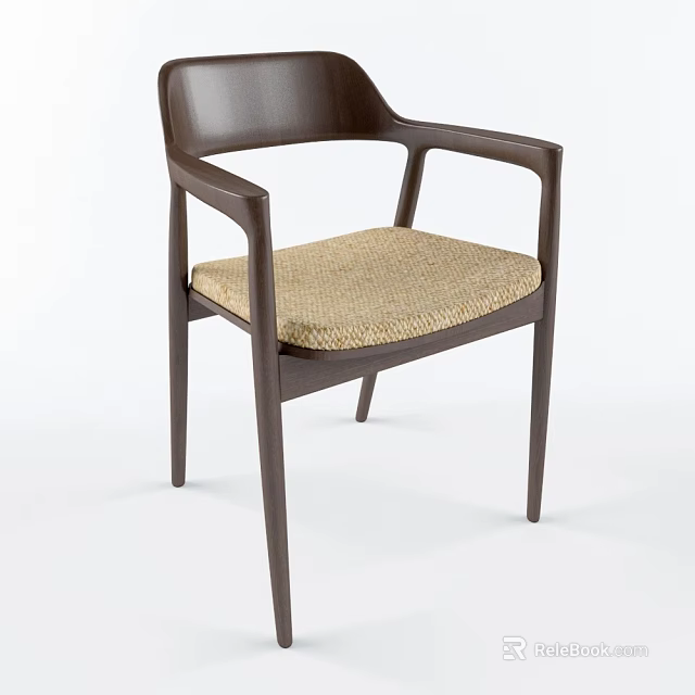 Modern Armchair With Sleek Wooden Frame And Beige Woven Seat Cushion 3d model 