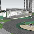 Modern Garden Landscape Design With Lush Trees Circular Green Roof And Stone Pathway