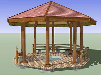 Traditional Wooden Pavilion With Red Roof Surrounding Benches And Brick Floor 3d model
