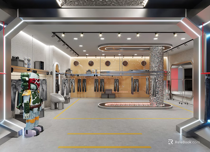 Modern Clothing Store Interior With Hanging Racks Central Display And Fashion Apparel 3d model 