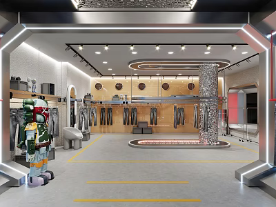 Modern Clothing Store Interior With Hanging Racks Central Display And Fashion Apparel 3d model