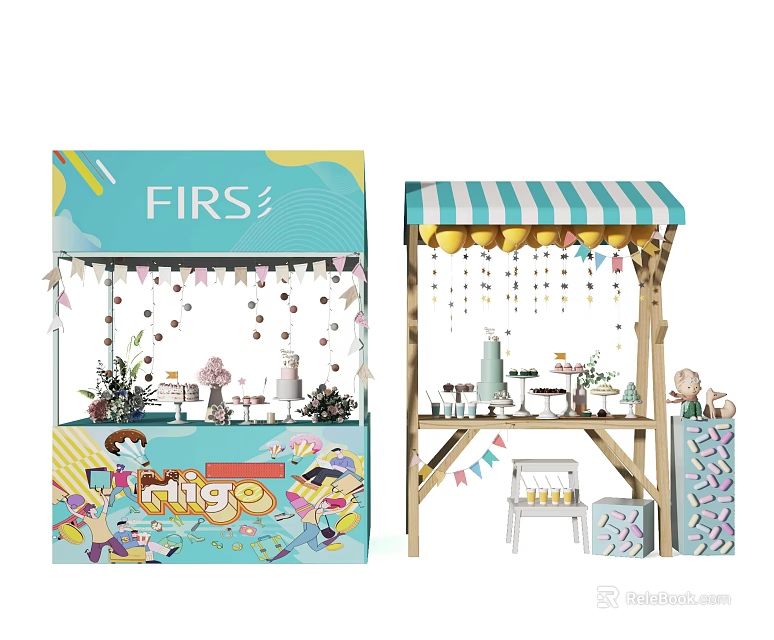 Functional Mobile Booth With Colorful Decorations Striped Awning And Display Tables Chairs 3d model 