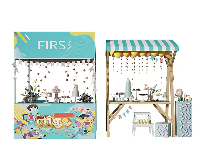 Functional Mobile Booth With Colorful Decorations Striped Awning And Display Tables Chairs 3d model