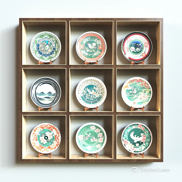 Decorative Plates Displayed In Wooden Grid With Various Traditional Patterns 3d model