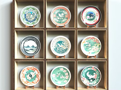 Decorative Plates Displayed In Wooden Grid With Various Traditional Patterns 3d model